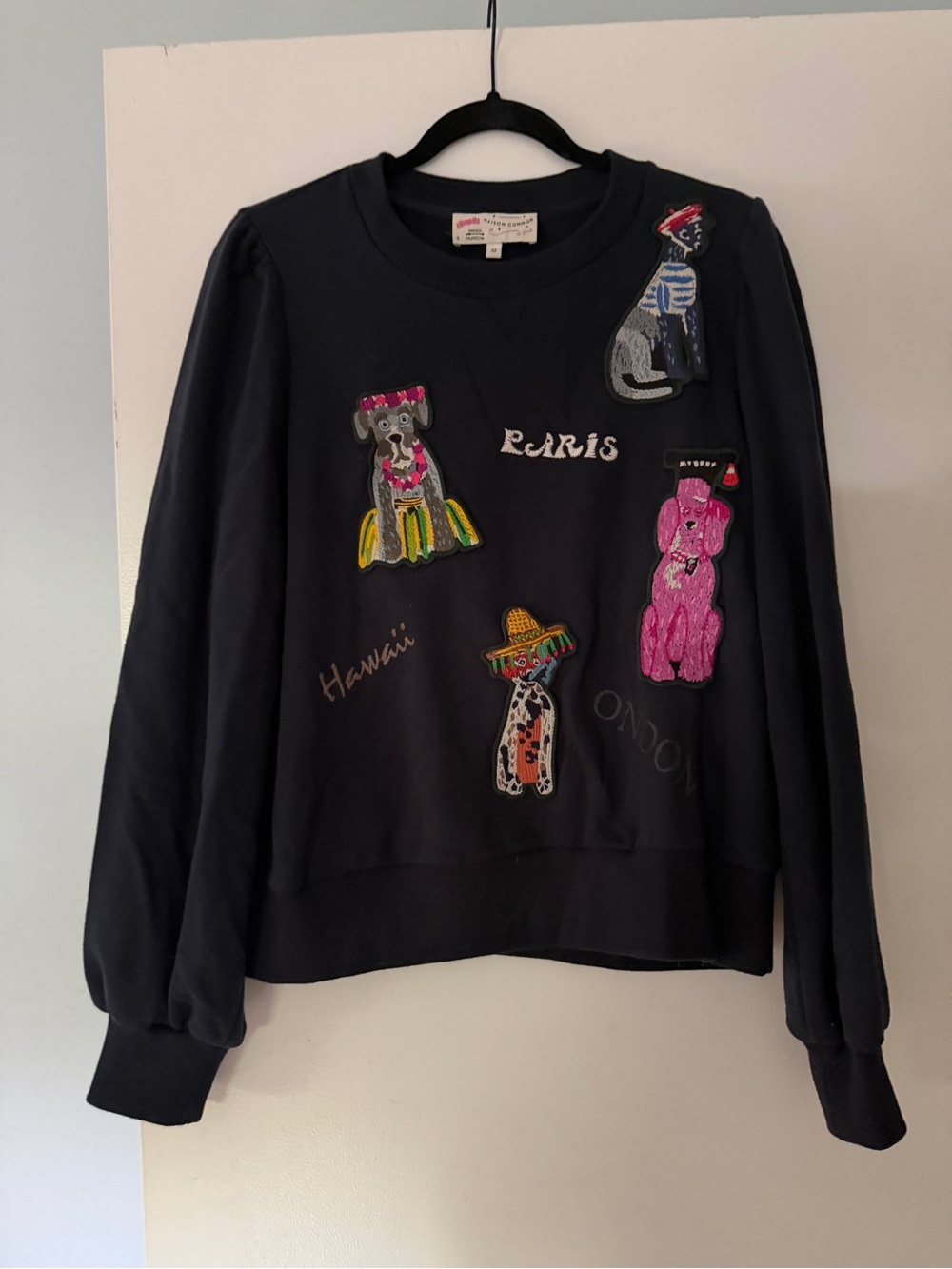 Maison Common Embroidered Dog & City Sweatshirt, size M